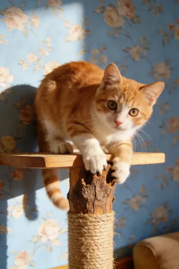 阳光下橘白短毛家猫在木质平台上