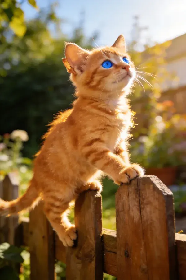 橘色短毛家猫攀爬木栅栏