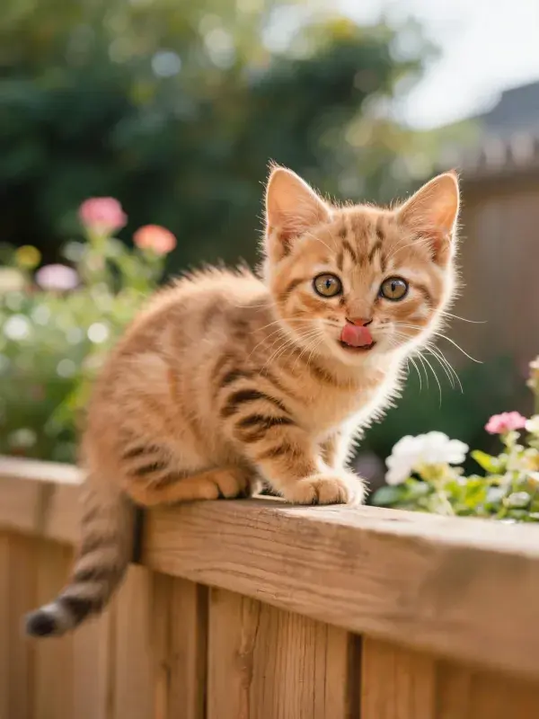 木栅栏边的橘色短毛虎斑小猫