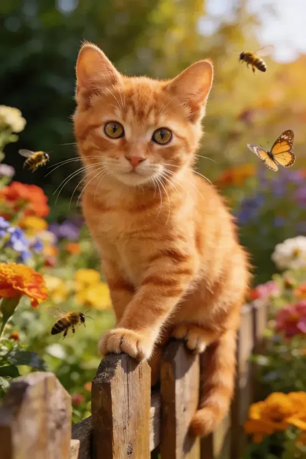 露天花园中橘色短毛虎斑小猫站在木栅栏上
