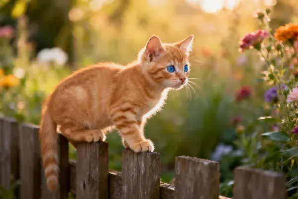 站在花园木栅栏上的橘色短毛家猫