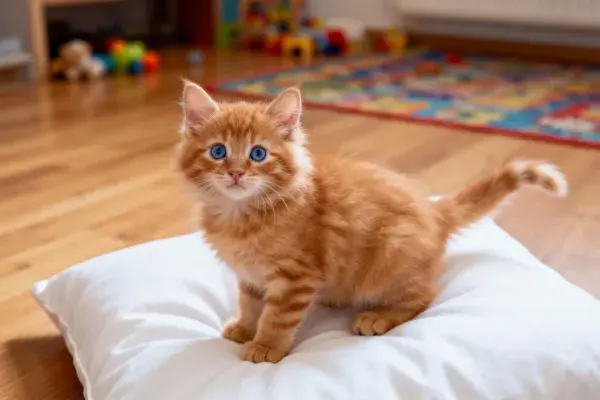 橘色短毛家猫在白色软垫上的状态捕捉