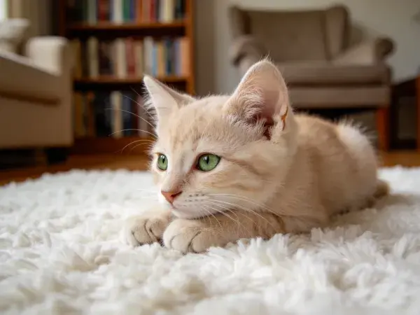 短毛家猫趴在白色地毯上