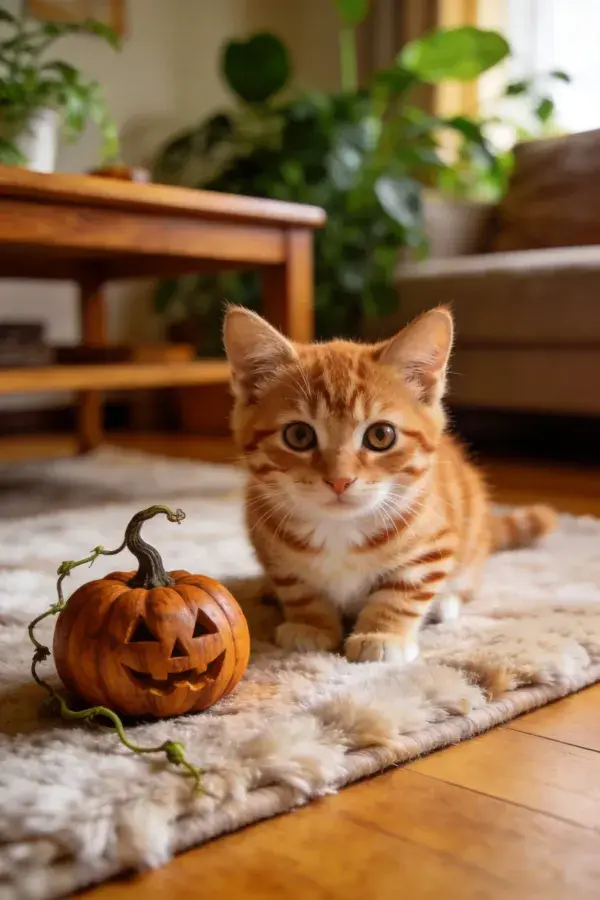室内地毯上的橘色虎斑短毛家猫