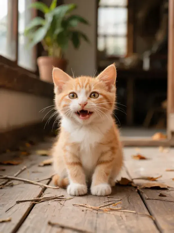 木质地板上的短毛橘白家猫