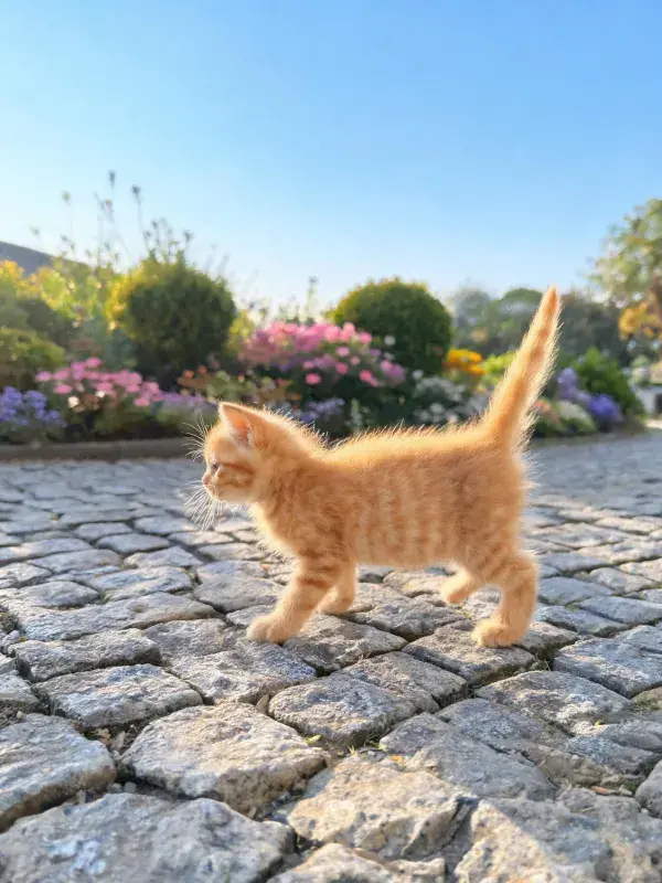 橘色短毛小猫在石板路上的行走姿态