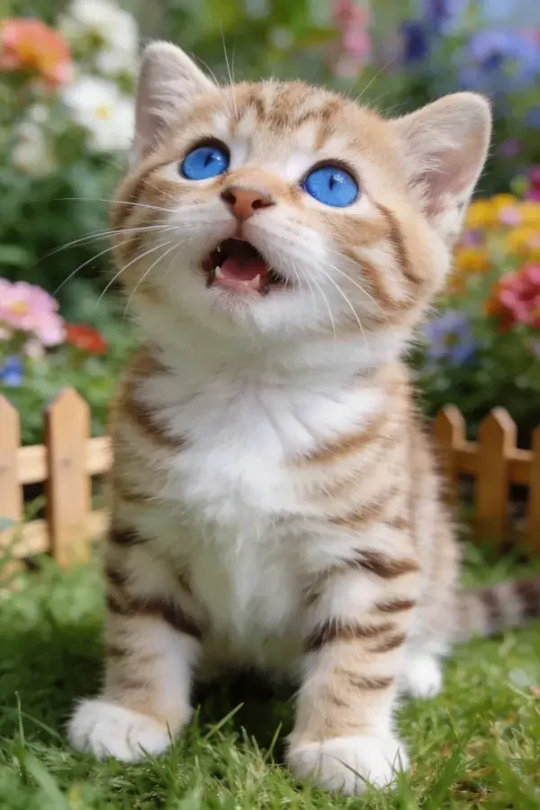 橘蓝眼短毛家猫在花园木栅栏旁