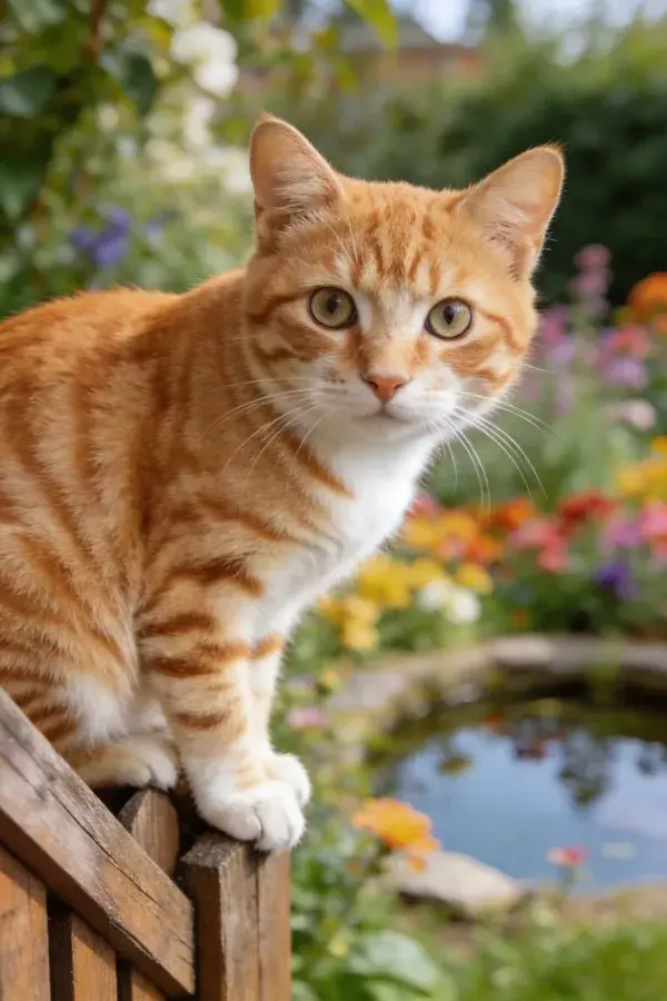 橘色短毛家猫眺望花园