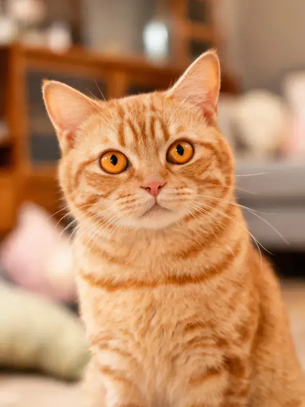 室内暖光下橘色英国短毛猫特写