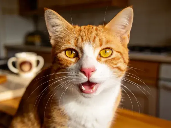 厨房环境中橙白相间短毛家猫