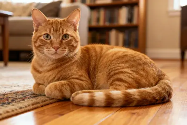 客厅暖木地板上的橘色短毛虎斑猫