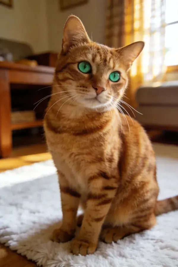 阳光室内的短毛金橘色虎斑猫坐姿特写