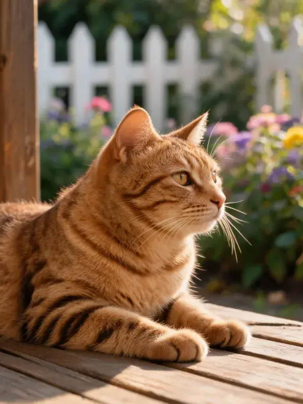 橘色短毛猫于木平台休憩