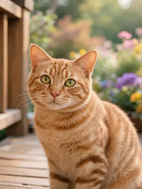 阳台上的橘色短毛猫注视镜头