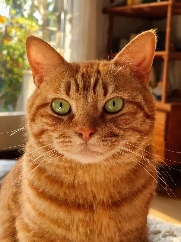 窗边暖光下的橘色短毛猫