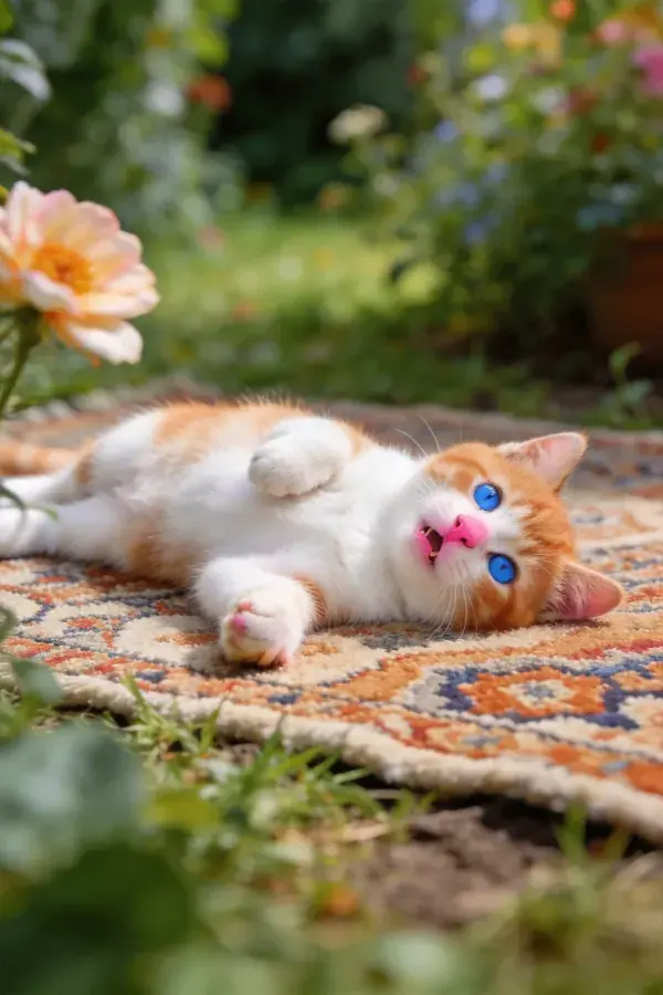 户外花园中橘白短毛猫躺卧图