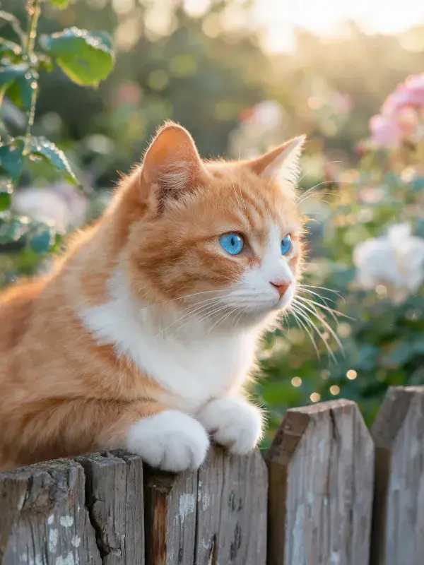 橘白双色短毛猫于木栅栏间的观察姿态