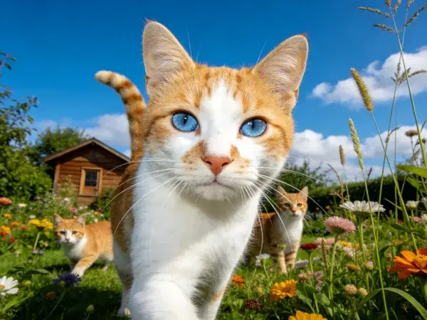 阳光花园中橙白短毛家猫