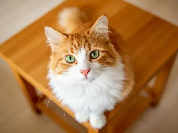 橘白长毛猫在木质小桌特写