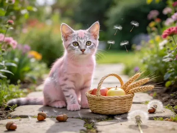露天花园中粉色斑纹短毛家猫与编织篮场景