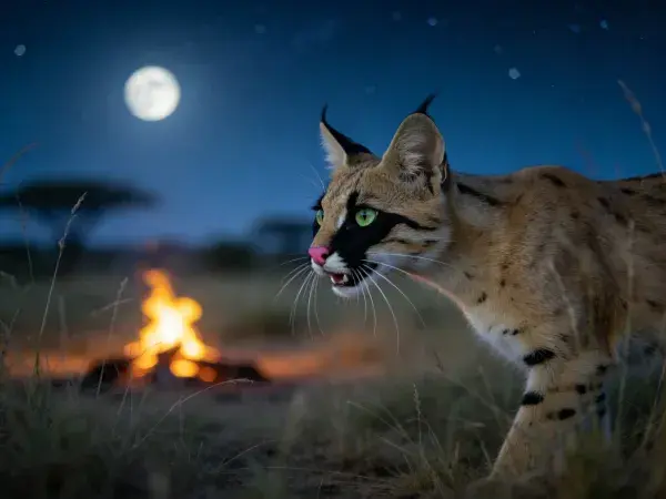 夜间草原薮猫特写场景
