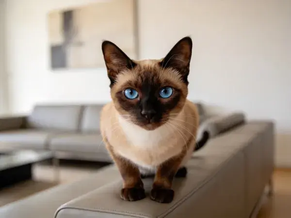 现代沙发上的暹罗猫特写