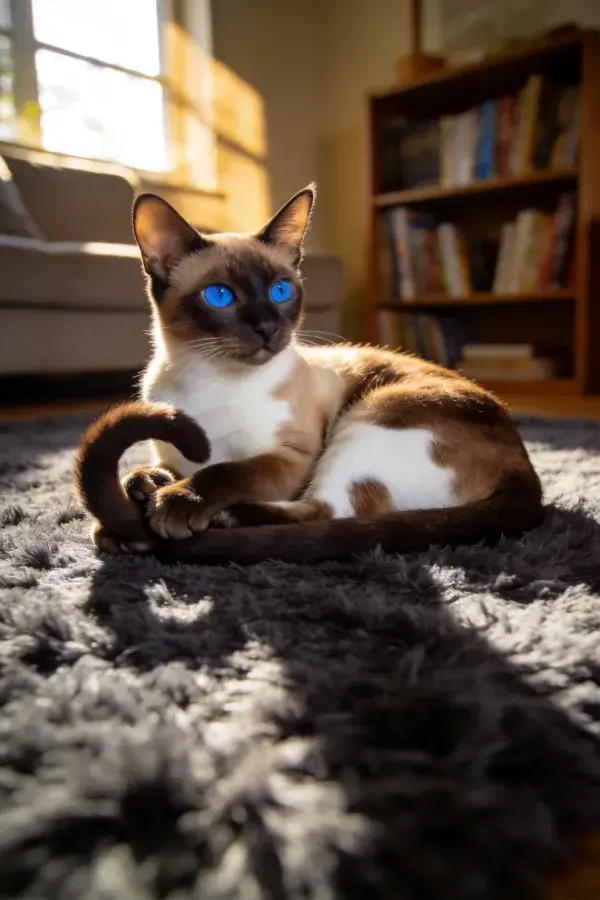 阳光洒落书房地毯上的暹罗猫