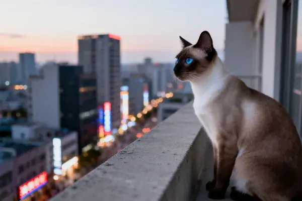 阳台上蓝眼睛暹罗猫的城市景观特写