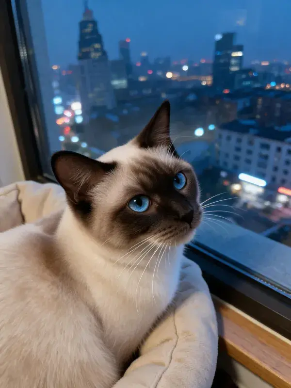 窗边暹罗猫与城市夜景