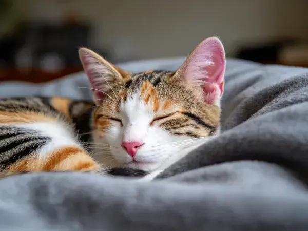 阴暗环境中安静的三色短毛猫休息场景
