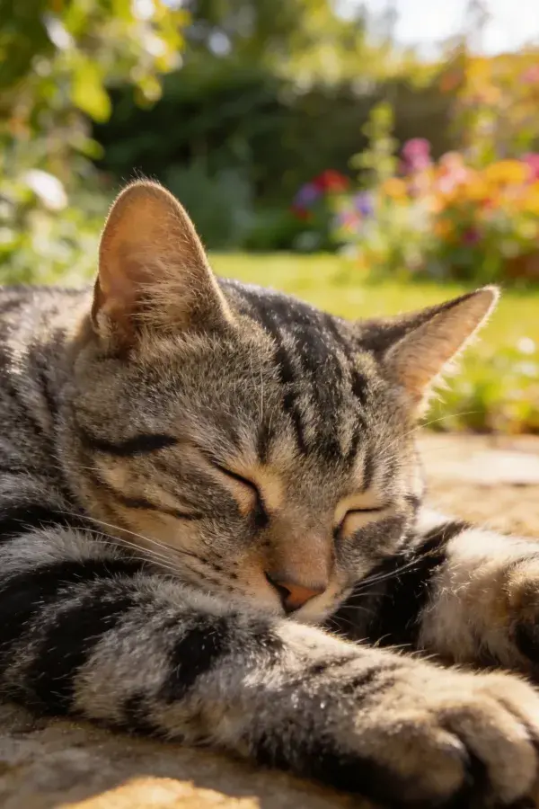 花园中休息的短毛虎斑猫
