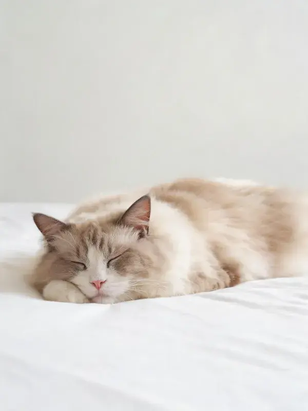 长毛双色布偶猫在白色床面的休息状态