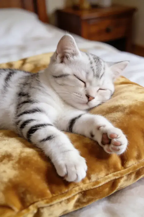 静卧的金色枕面上的短毛虎斑猫