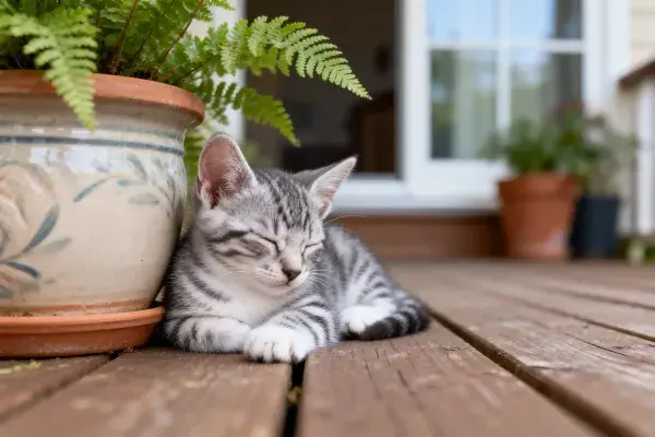 庭院木平台上休憩的短毛虎斑猫