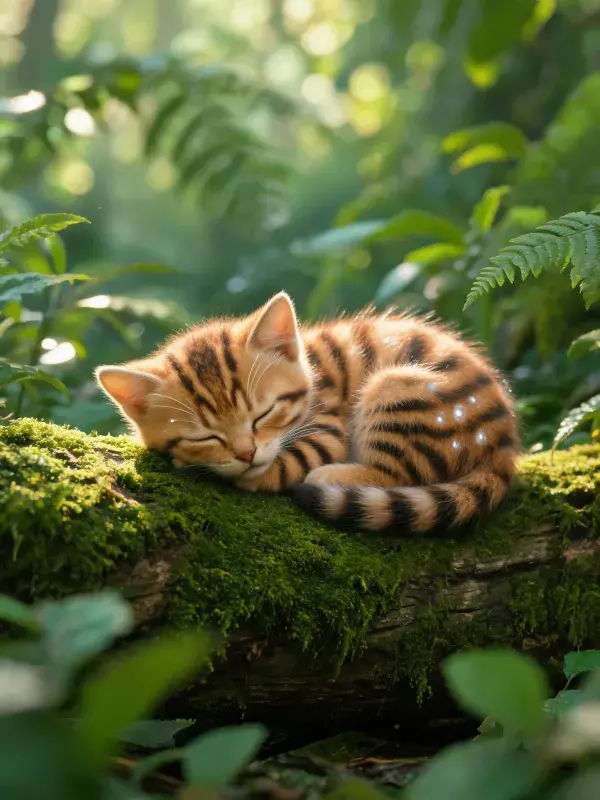 橘色虎斑短毛猫在苔藓覆盖的原木上休息