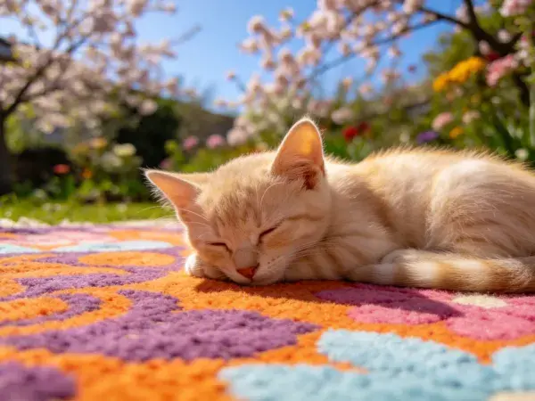 短毛家猫在彩色地毯上休憩