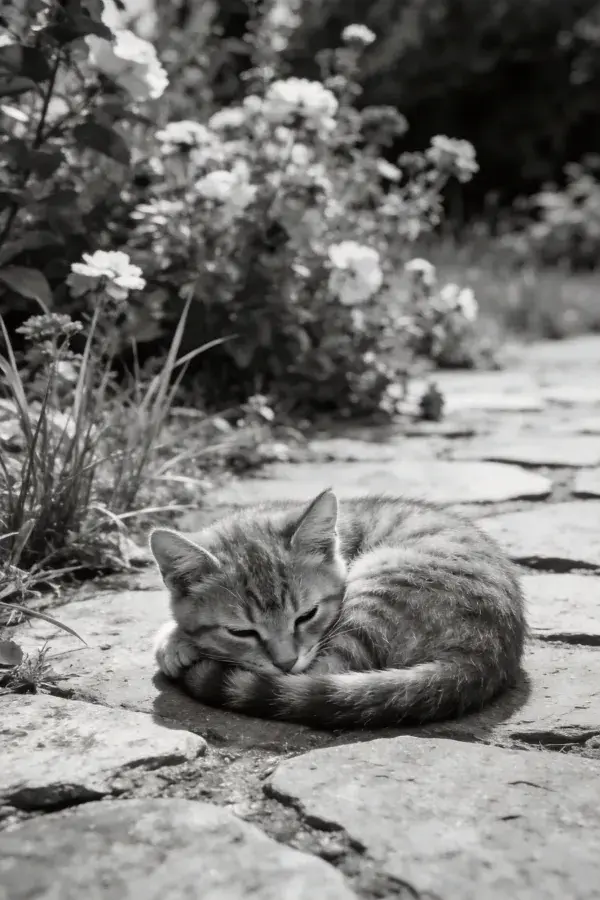 短毛虎斑家猫蜷卧石径