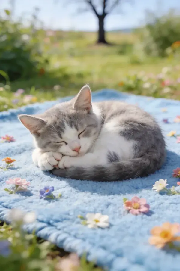 户外毯子上的灰白短毛家猫