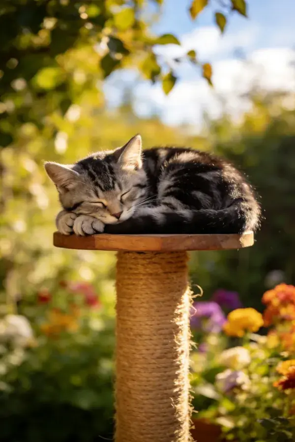 花园木制平台上休息的短毛虎斑家猫