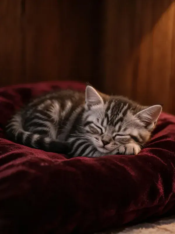 短毛虎斑猫在深红软垫上的休憩特写