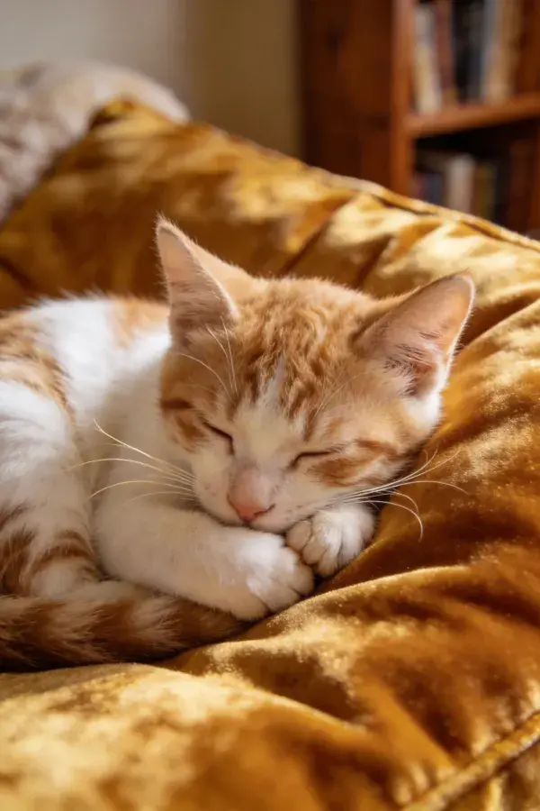 室内暖光下橘白短毛家猫休憩