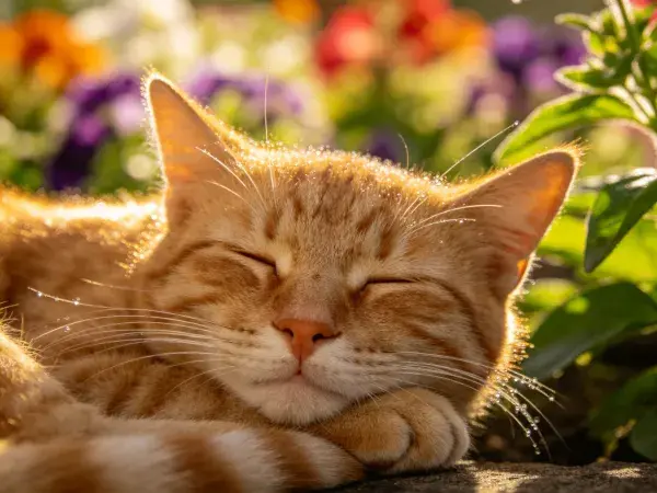 花园中橘色短毛家猫休憩场景