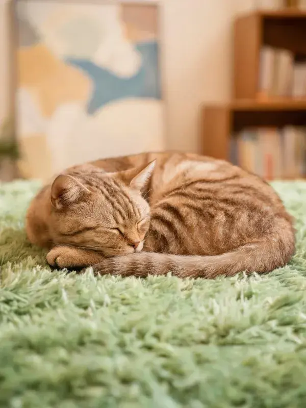 静卧的橘色虎斑短毛猫在绿色地毯上
