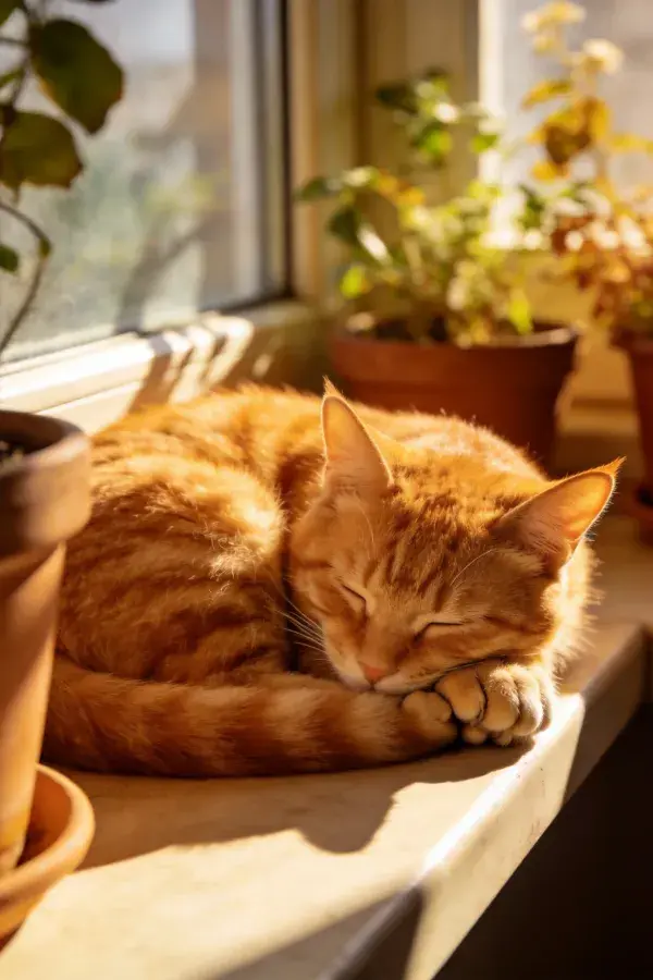 窗台上橘色短毛家猫休憩图