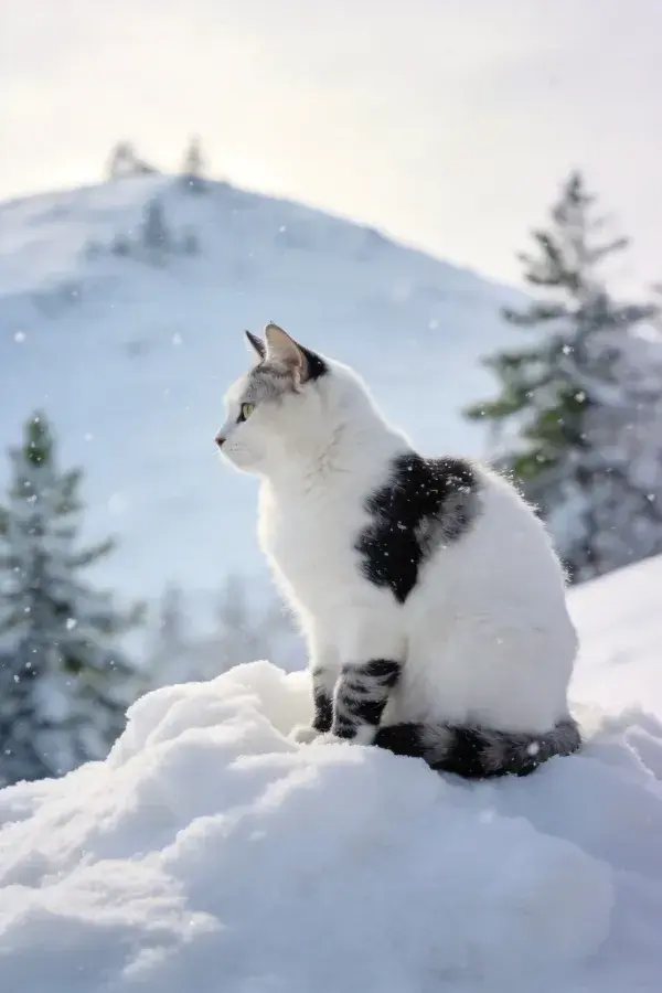 雪山雪地上的黑白短毛家猫