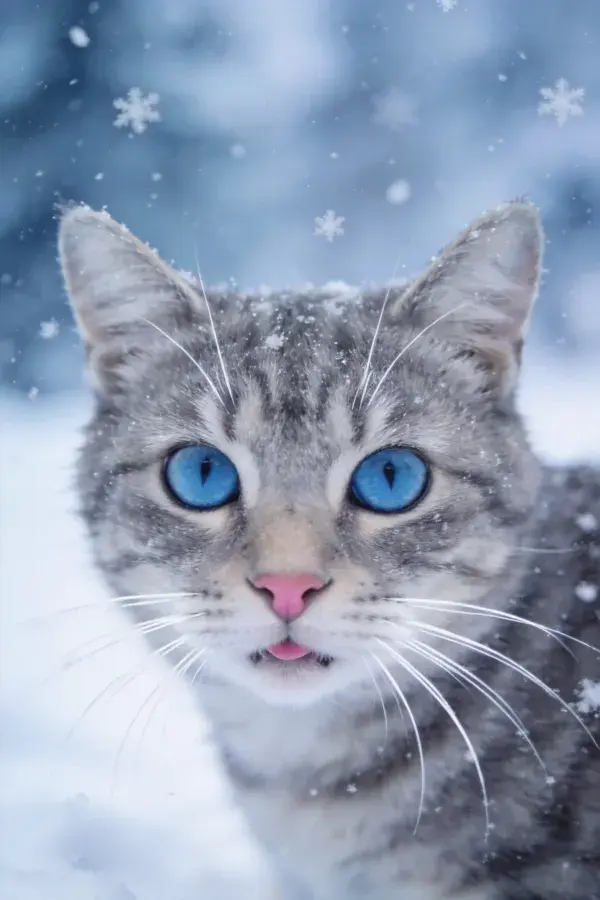 雪地中蓝眼灰虎斑猫特写