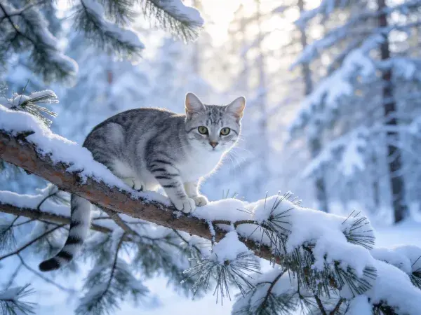 雪地松枝上的灰条纹短毛家猫