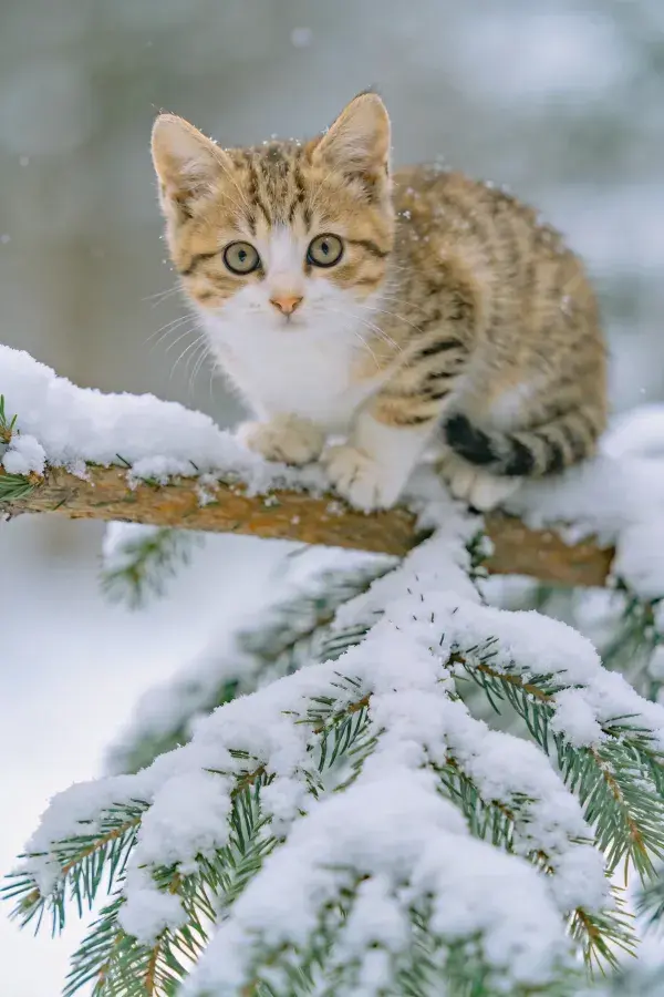 短毛家猫栖息雪覆松枝之上