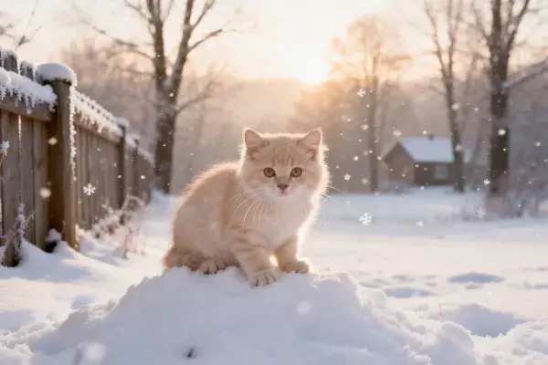 奶油色短毛家猫坐雪堆上
