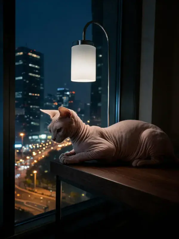 夜晚窗边暖灯下的斯芬克斯猫